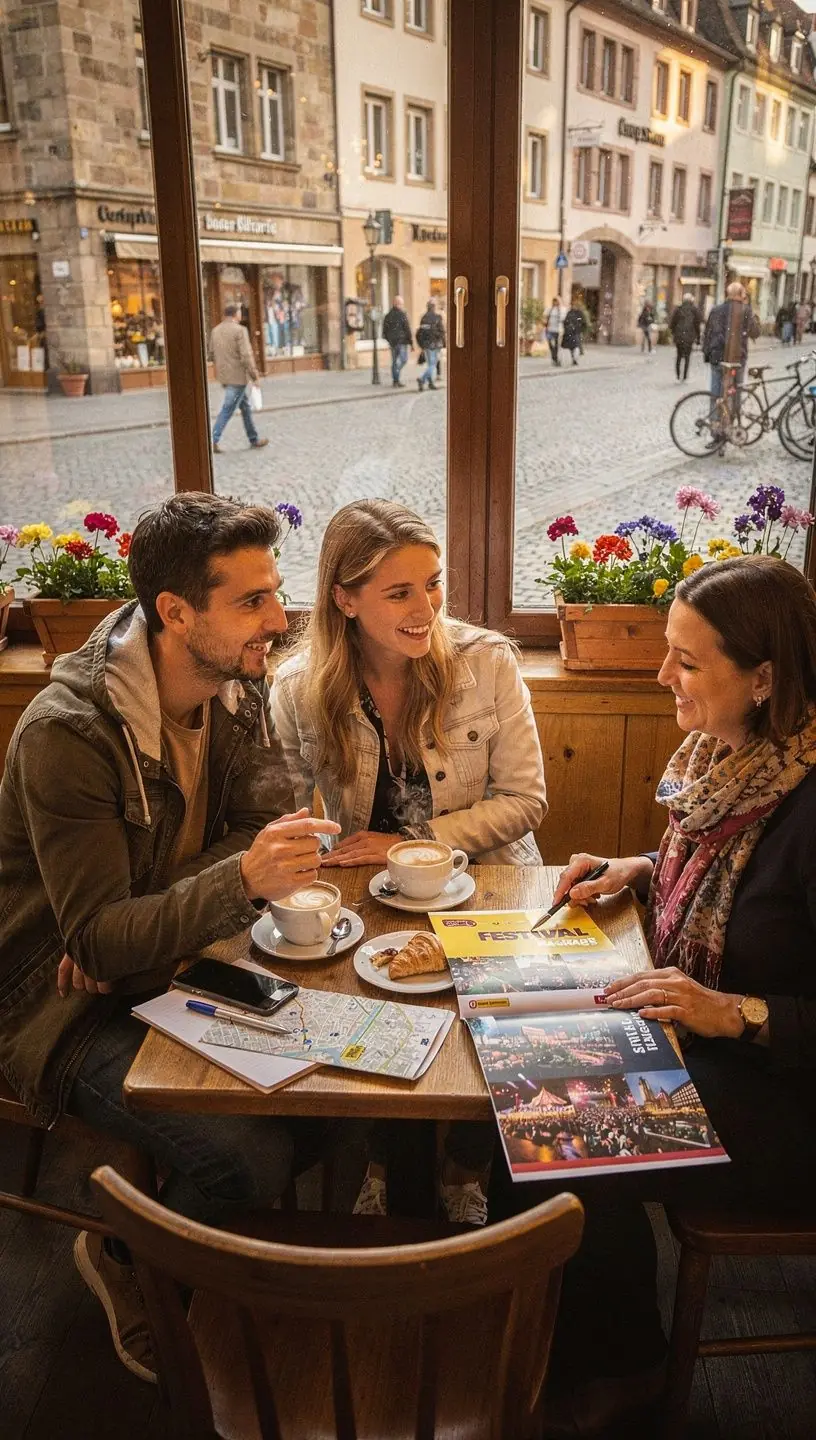 Detaillierte Karte Deutschlands mit markierten Festivalorten und empfohlenen Hotels für Reisende.